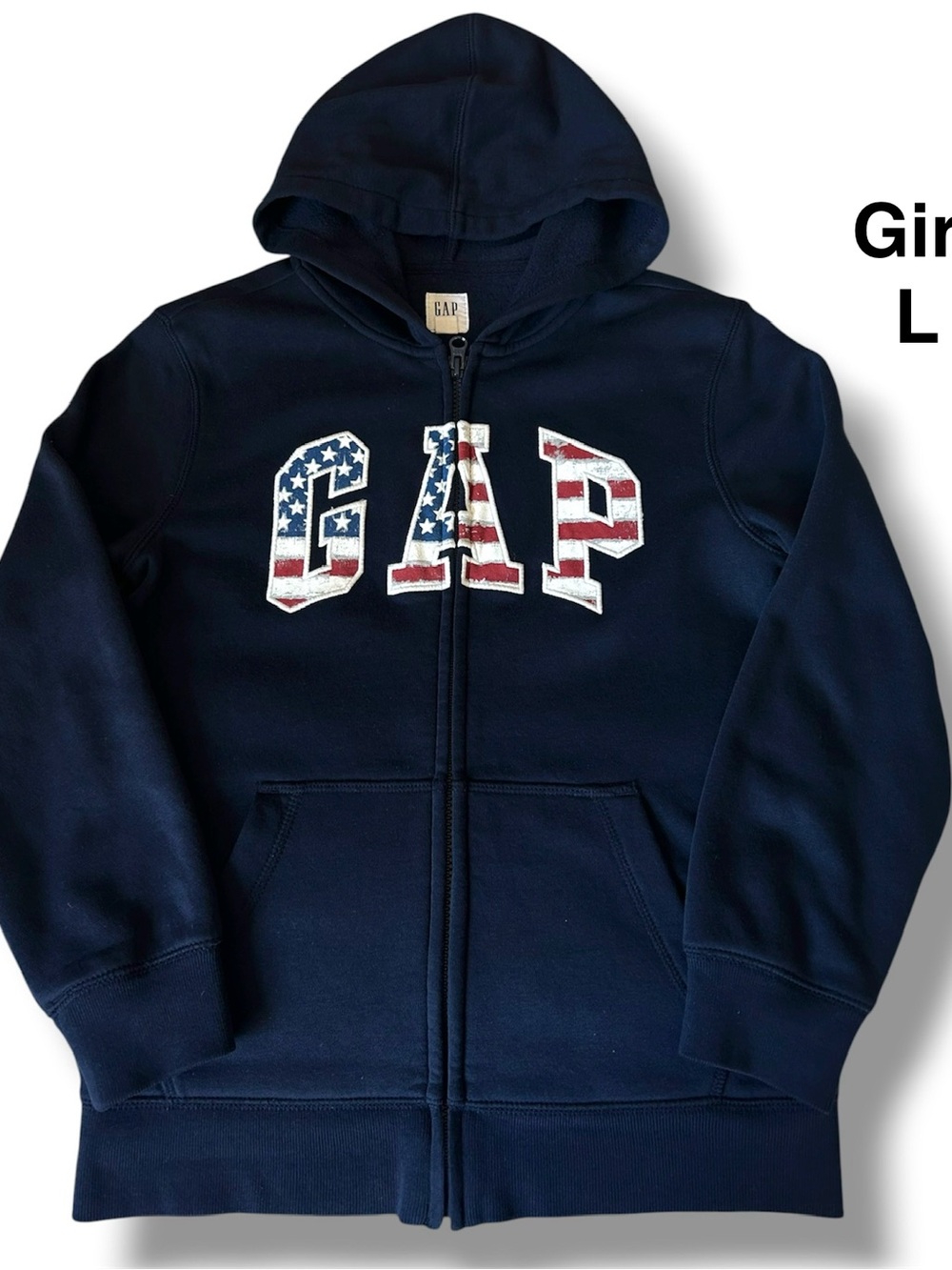 GAP Kids Navy Zip-Up Hoodie with American Flag Lettering Size L